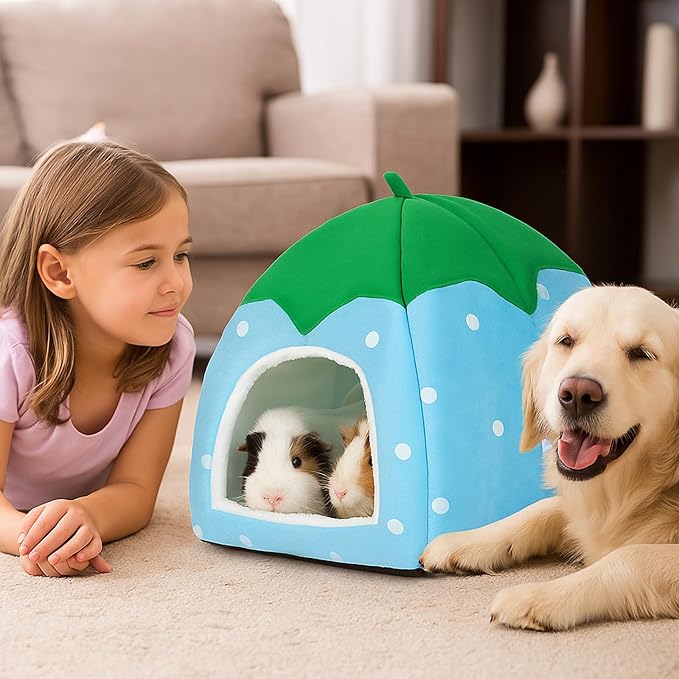 Guinea Pig Strawberry Bed, Plush Winter Hideout & Washable Cuddle Cave for Small Pets – Cute Berry-Shaped Cozy House for Hamsters, Rabbits & Chinchillas