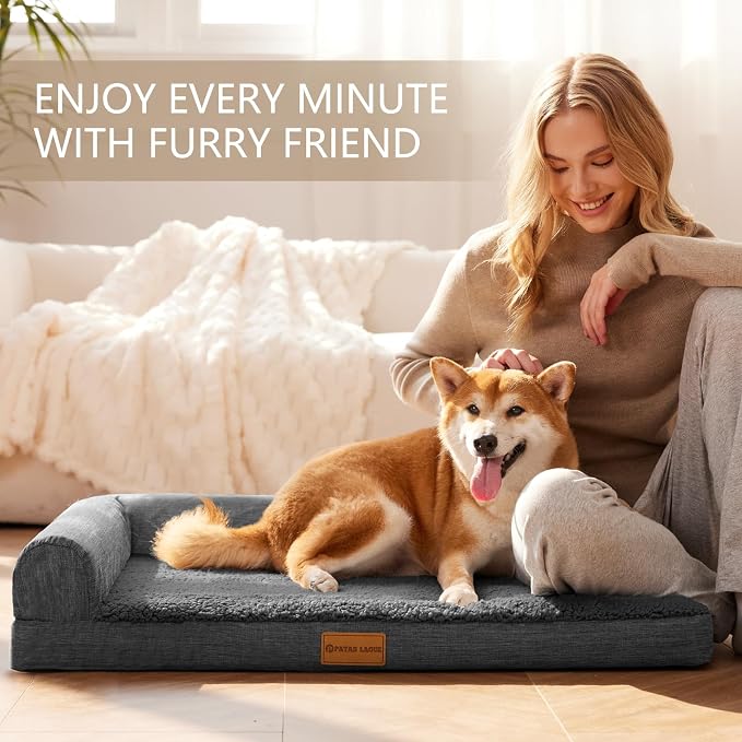 Patas Lague Orthopedic XL Dog Bed Large Sized Dog 42''X28'', Waterproof L Bolster Big Large Pet Sofa Beds with Removable Washable Cover, Soft Pet Couch Crate Mat with Nonskid Bottom, Dark Grey