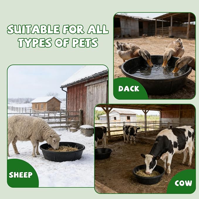 4 Pcs Rubber Feed Pan 3 Gallon and 2 Gallon Horse Feed Bucket Utility Feed Bucket Rubber Bowl Chicken Dust Bath Livestock Water Bowl for Pig Goat Chicken Dogs Farm Small Animal