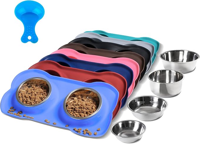 Hubulk Pet Dog Bowls 2 Stainless Steel Dog Bowl with No Spill Non-Skid Silicone Mat + Pet Food Scoop Water and Food Feeder Bowls for Feeding Small Medium Large Dogs Cats Puppies (Large, Blue)
