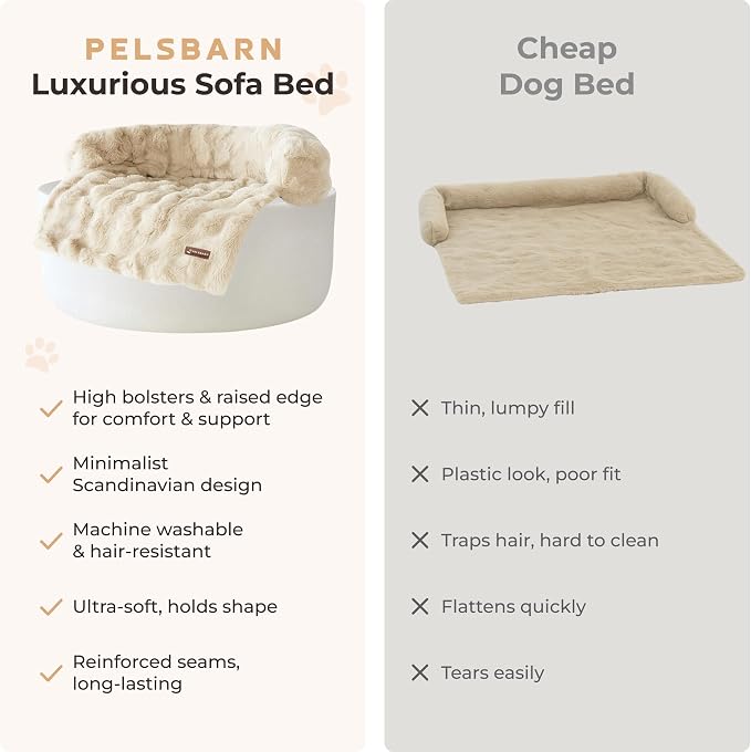 Pelsbarn Dog Bed for Couch, Luxurious Sofa Bed for Dogs with Non-Slip Oxford Bottom - Faux Rabbit Fur with Removable Cover, Large, Beige - 33x33 in