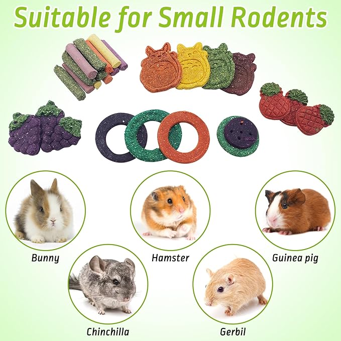 Fhiny 27 PCS Rabbit Chew Toys for Teeth, Natural Bunny Treats，Chinchillas Snack Food Small Animal Molar Toys for Guinea Pigs Mice Gerbils Made of Timothy Grass Pumpkin Beets Purple Potatoes Carrot