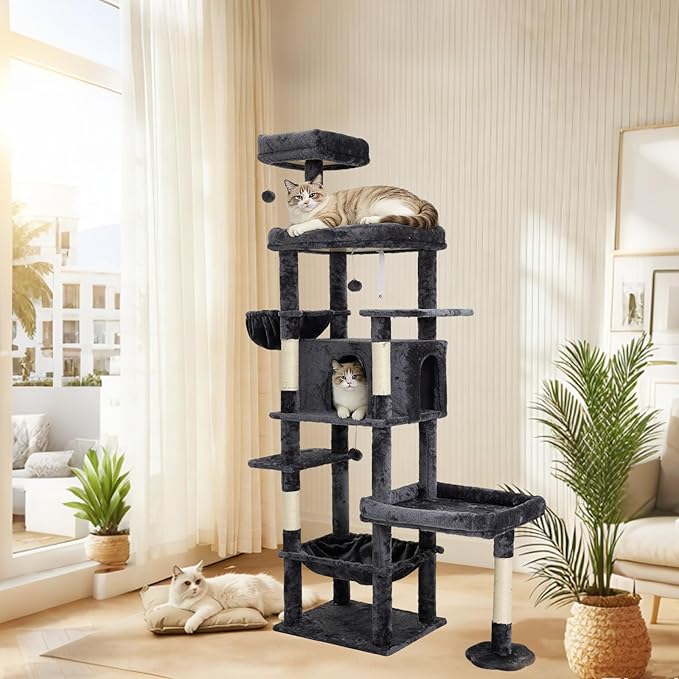 77.5 Inch Cat Tree with Bed, Hammock, Observation Deck, Plush Platform & Toy Ball for Indoor Cats (Grey)
