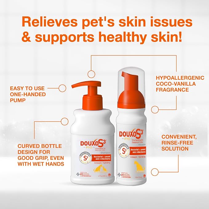 Douxo S3 PYO Chlorhexidine Shampoo (6.7 oz) & Mousse (5 fl oz) for Dogs Set, Antibacterial & Antiseptic Yeast Infection Treatment for Dogs, Clinically Proven