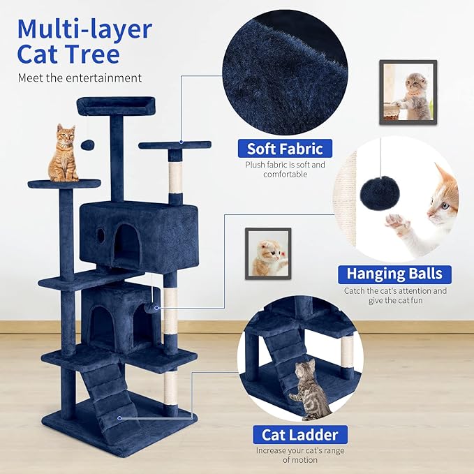 PayLessHere Cat Tree 54in Cat Tower with Cat Scratching Post, Multi-Level Cat Condo Stand House Furniture Kitty Activity Center with Furry Ball Toys for Indoor Cats (Navy Blue)