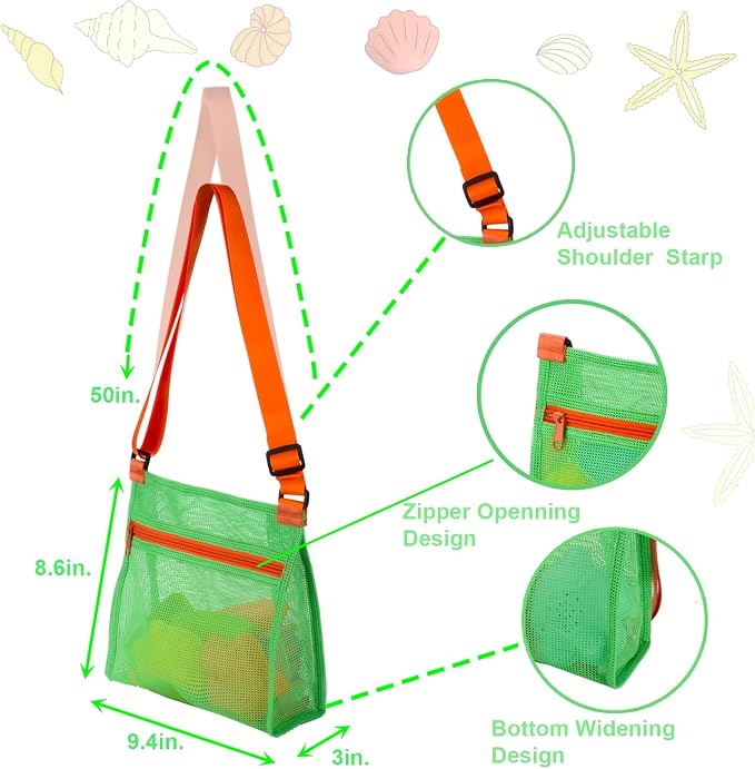 MUYIZI Beach Mesh Shovel with Mesh Beach Bag for Shell Collecting, Kids Sand Sifter for The Beaches,Shell Scooper for Beaches,Shark Tooth Sifter Dipper,Sea Shell Bags for Kids,Sand Toy (Orange+Green)