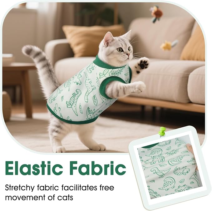 DENTRUN Sleeveless Cat Vest, Dinosaur Print & Ultra-Soft Dralon Fleece | Breathable, ultra-soft Dralon fleece, dinosaur print, sleeveless for freedom, all-season indoor/outdoor wear, XS-XXL sizes
