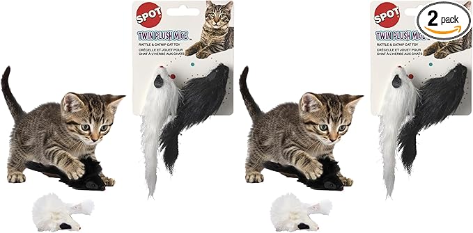 SPOT Twin Plush Mice Cat Toy- Rattle and Catnip Toy for Indoor Cats and Kittens - Classic Toy for Batting and Chasing Around - Fun Entertainment for Hours - 4.5in, 2pcs (Pack of 2)