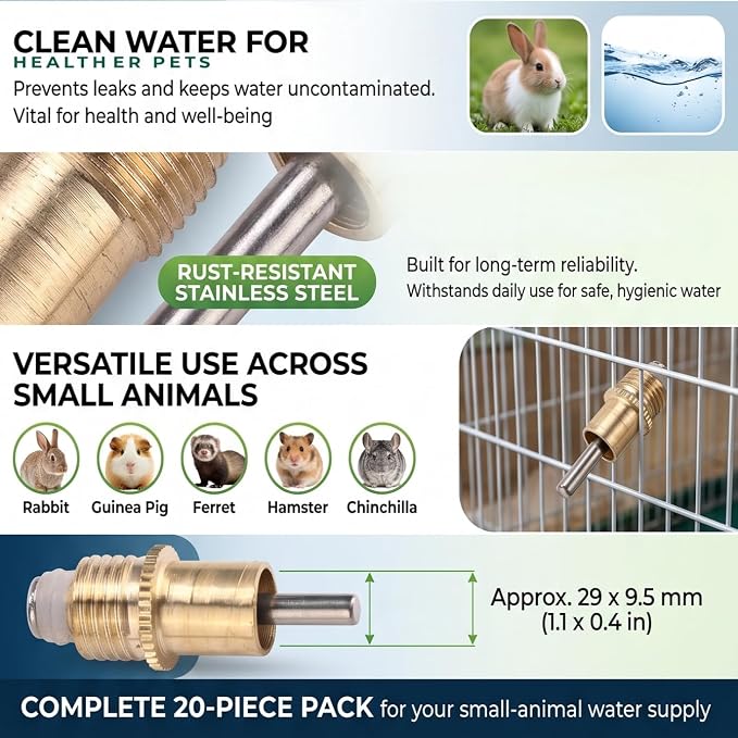 20Pcs Stainless Steel Rabbit Water Feeder Automatic Rabbit Drinker Nipple Easy Use Drinking Water Tool for Small Animals Farm Animal Supplies