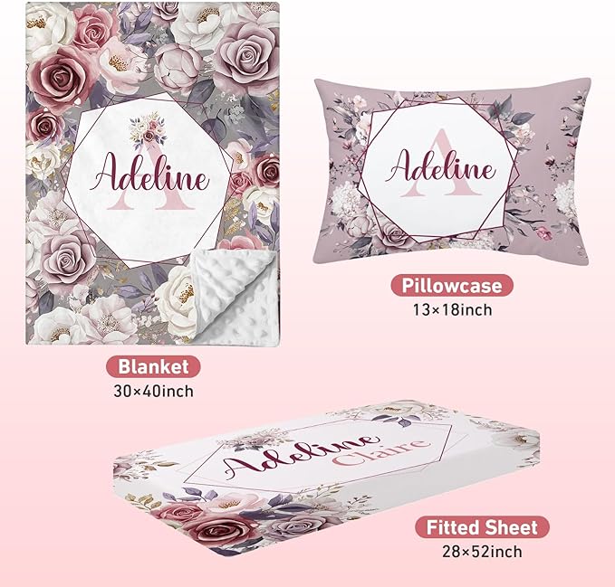 Personalized Crib Bedding Set for Baby Boy Girl, Custom Name Roses Design 3 Piece Baby Bedding Set, Including Plush Blanket, Fitted Sheet and Pillowcase for Newborn Nursery Gift