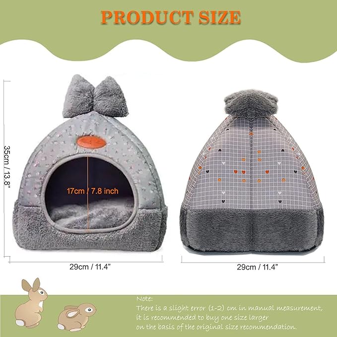 Rabbit Hideouts Bunny Bed Hideout House Cage Accessory for Guinea Pig Chinchilla Hamster Cozy Squirrel Hedgehog and Warm Rabbit Bed with Cute Bowknot Design(Grey)