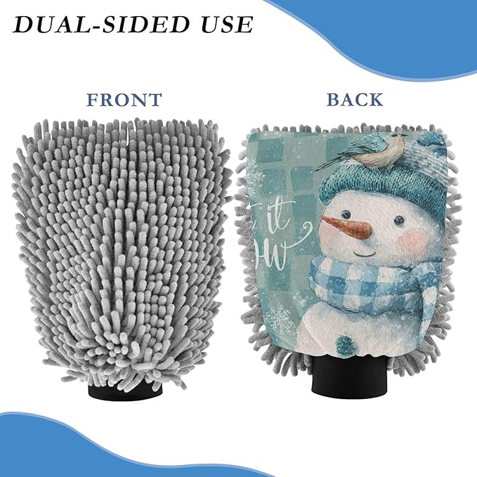 Car Wash Mitt Microfiber Wash Mitts for Car Washing Scratch-Free Cleaning Gloves Soft Non Absorbent Chenille Auto Hand Mitt Medium 2Pack Christmas Snowman Blue White Checkered