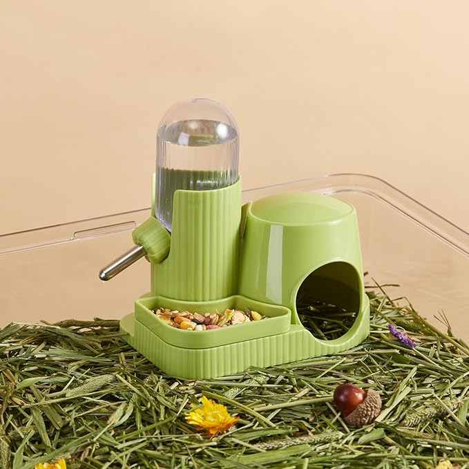 3 in 1 Hamster Water Bottle No Drip Automatic Leakproof Dispenser with Food Container and Hideout Base for Gerbil Rat Dwarf Hamster Mouse (Blue, 3.4oz)