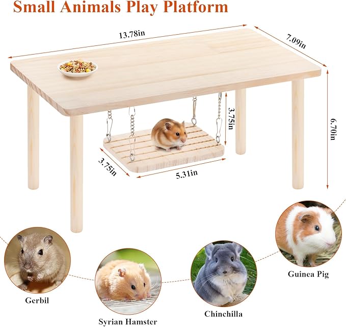 Large Natural Wooden Hamster Activity Platform with Hanging Swing, Multi-Layer Play Platform, Suitable for Climbing Toys for Small Animals Such as Dwarf Hamsters and Syrian Hamsters to Play with