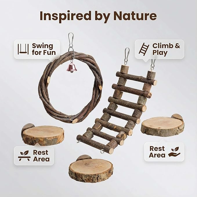5Pcs Sugar Glider Supplies Cage Accessories,Apple Wood Squirrel Ferret Hamster Hanging Chewing Climbing Toys,Sugar Glider Swing Toy Ladder Toy Platform (Wood, 5Packs)