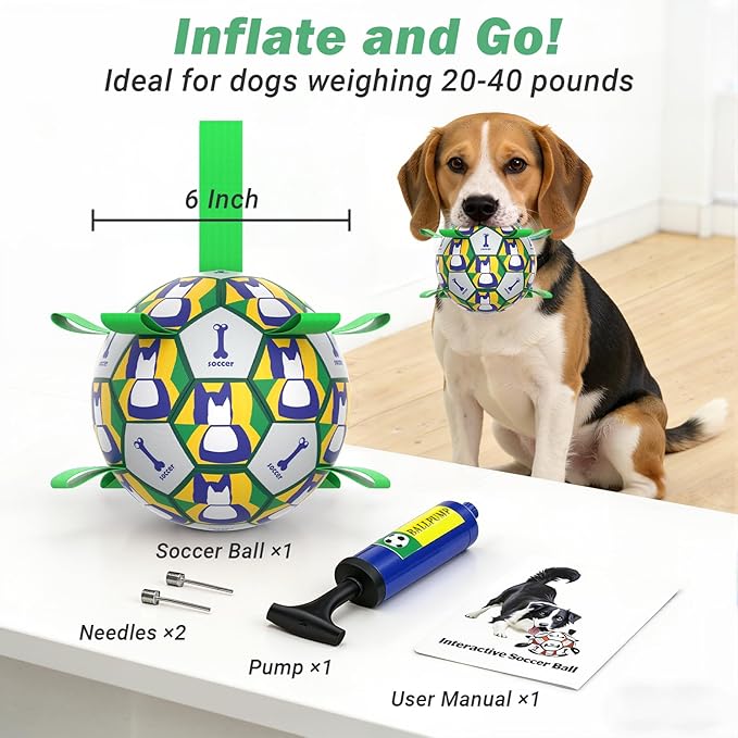 Dog Toy Balls, Dog Soccer Ball with Straps, Interactive World Cup Soccer Ball for Medium Dogs, Water Fetch Toys, Tug-of-War, Herding Ball Toys Outdoor, Dog Birthday Toy, Green (6 Inch)