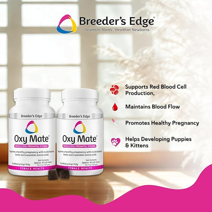Breeder's Edge Oxy Mate Dog Prenatal Vitamins, Comprehensive Supplement for Pregnant Dogs and Cats Enriched with Essential Nutrients for Healthy Moms & Litters, Soft Chews - 120ct Medium & Large Dog
