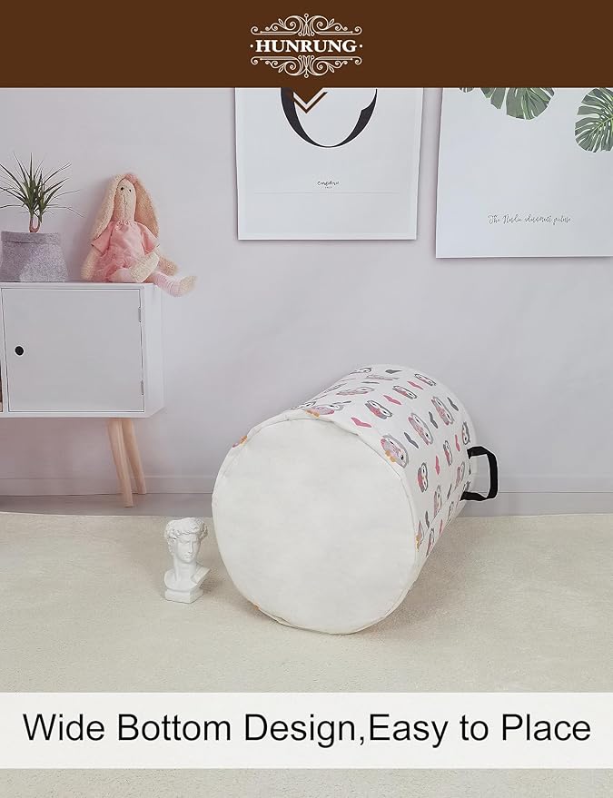 Collapsible Fabric Storage Basket, Waterproof Laundry Hamper with Handles, Round Storage Bin for Clothes Toys, Foldable Organizer for Bedroom Nursery Bathroom(Round-Love Owl)