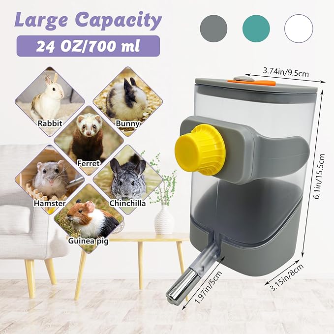 24oz Automatic Rabbit Water Dispenser for Cage Hanging Guinea Pig Water Bottle No Drip Bunny Water Feeder for Ferret Rat Hamster Chinchilla and Other Small Animals (Gray)