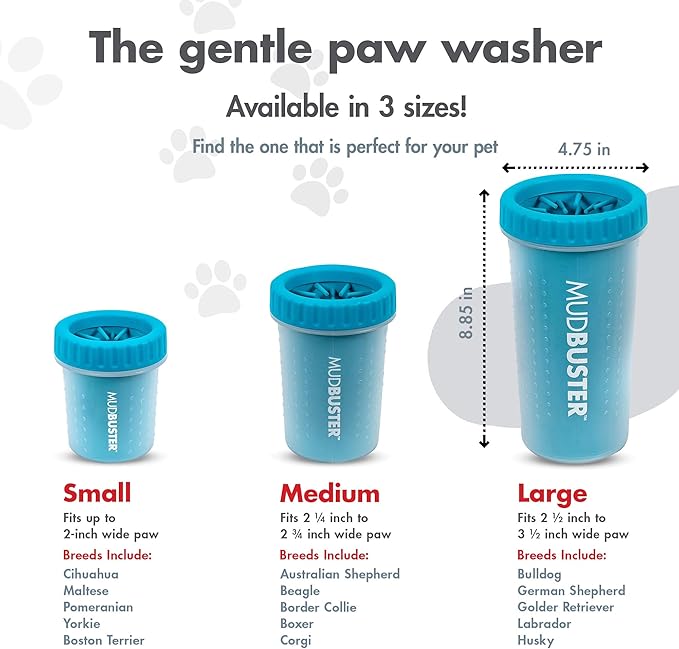 Dexas MudBuster Large Dog Paw Cleaner in Blue - Fits 2.5"-3.5" Wide Paws, Portable Paw Washer for Muddy Paws, Dog Paw Cleaning Cup with Gentle Silicone Bristles, Quick Clean Pet Paw Washer