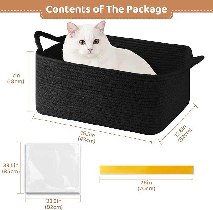 OIASKET Large Empty Gift Baskets for Baby Shower, 16.5" L x 12.6" W x 7" H Cute Woven Storage Basket with Gift Bags and Ribbons, Small Rope Toy Basket with Handles, Cat Dog Pet Toy Organizer - Black