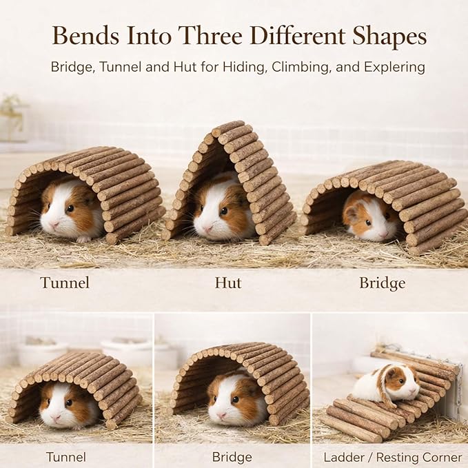 Guinea Pig Hideout, Collapsible Wooden Tunnel & Hideaway for Rabbits, Hedgehogs, Chinchillas, Ferrets and Other Small Pets, Flexible Natural Wood Cage Accessory, No Assembly Required (1PCS*6.6*11‘’)