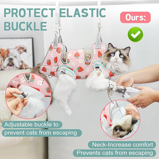 Supet Cat Grooming Hammock Harness for Nail Trimming, Cat Grooming Hanging Sling for Nail Clipping, Pet Restraint Holder for Cutting Nails, Medicine, Ear & Teeth Cleaning, Eye Care (Strawberry L)
