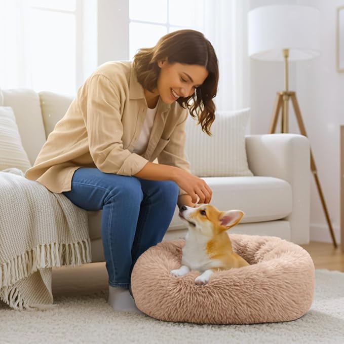 Calming Large Donut Dog and Cat Bed, Anti-Anxiety Round Soft Fluffy Plush Faux Fur Washable Anti-Slip Pet Bed for Medium Dogs Up to 35 lbs 28in (Camel)