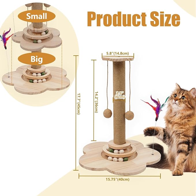 4 inch Wider Design for Large Cats Providing Greater Stability,4-in-1 Wooden Cat Scratcher Toy,Scratching Post&2-Level Track Tower with 8 Balls&2 Sisal Ball&2 Cat Wand Toy(15.8" L x 15.8" W x 19" H)