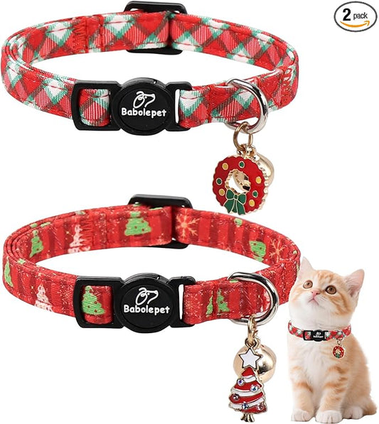 2 Pack Christmas Cat Collars - Breakaway Cat Collar with Bell, Christmas Wreath and Tree Pendant, Winter Adjustable Kitten Collars for Girl Boy Cats, Pink&Plaid