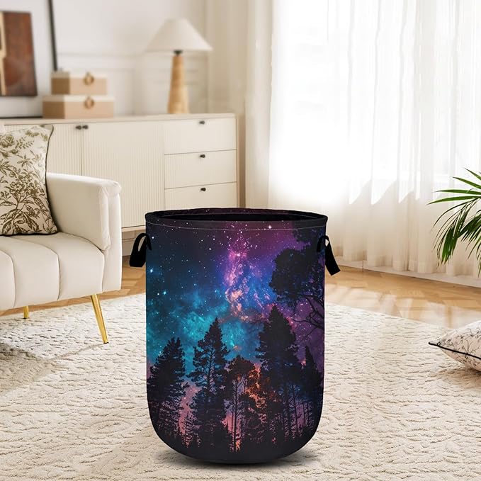 Purple Galaxy Forest Laundry Basket, Laundry Hamper Collapsible Oxford Cloth with Handle Clothes Storage Bin for Bathroom Laundry Room Bedroom 15.7 X 20 Inch