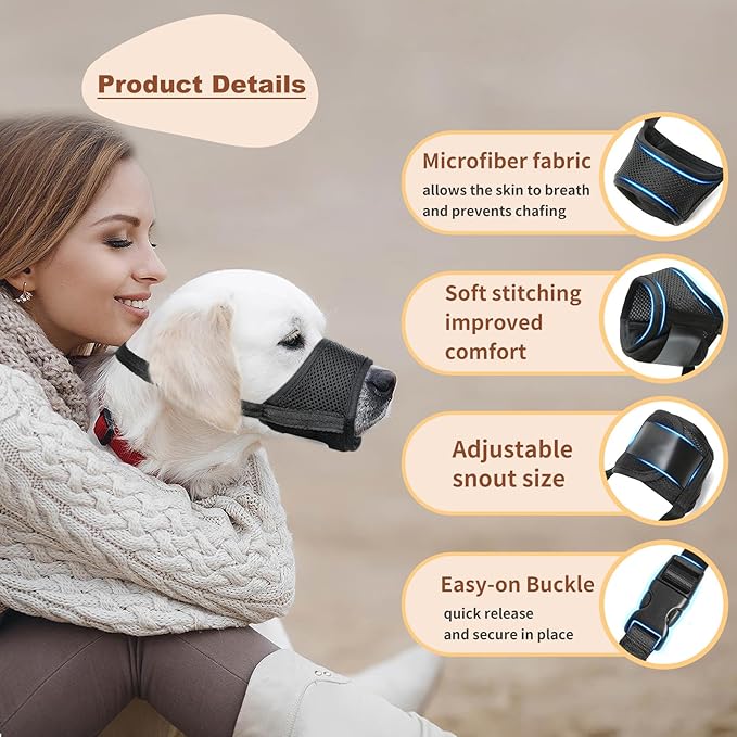 HEELE Dog Muzzle,Soft Nylon Muzzle Anti Biting Barking Chewing,Air Mesh Breathable Drinkable Adjustable Loop Pets Muzzle for Small Medium Large Dogs 4 Colors 4 Sizes (Black, S)