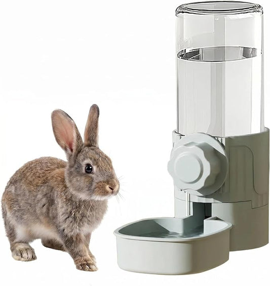 Pet Cage Suspended Water Dispenser, 17oz Hanging Automatic Water Bowl for Rabbit, Bunny, Cat, Ferret, Clear, Plastic (Grey)