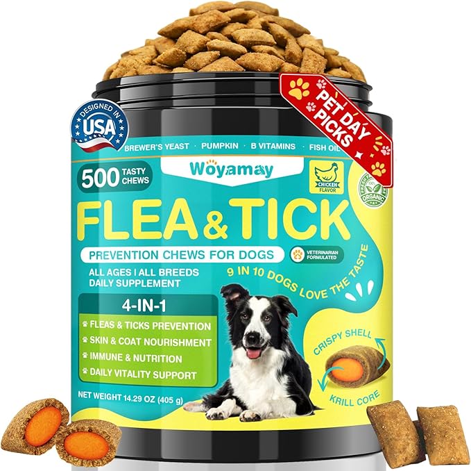 Woyamay 4-IN-1 Flea and Tick Prevention for Dogs, 500 Crunchy Dog Flea Chews, Dog Flea Treatment, Natural Oral Flea Treatment for Dogs, Daily Support for Flea, Skin & Coat, Gut, Immune, Chicken Flavor