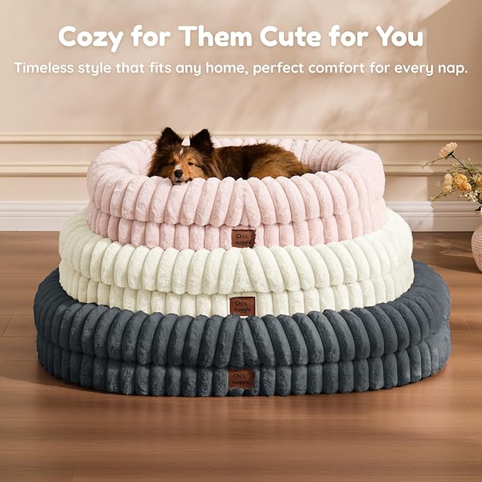 ChiXnuggle Dog Bed Medium Sized Dog - Luxury Striped Faux Fur Waterproof Pet Couch with Removable Washable Cover, Orthopedic Pet Bed with Bolster Sides for Sleeping, Dark Grey