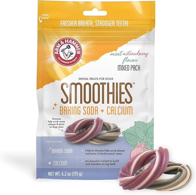 Arm & Hammer Smoothies Dental Chews for Dogs with Baking Soda & Calcium, Fight Bad Breath, Plaque & Tartar Without Brushing, Mint Strawberry & Mint Flavor, Ring Shaped, 5 Count, 6.2 Oz