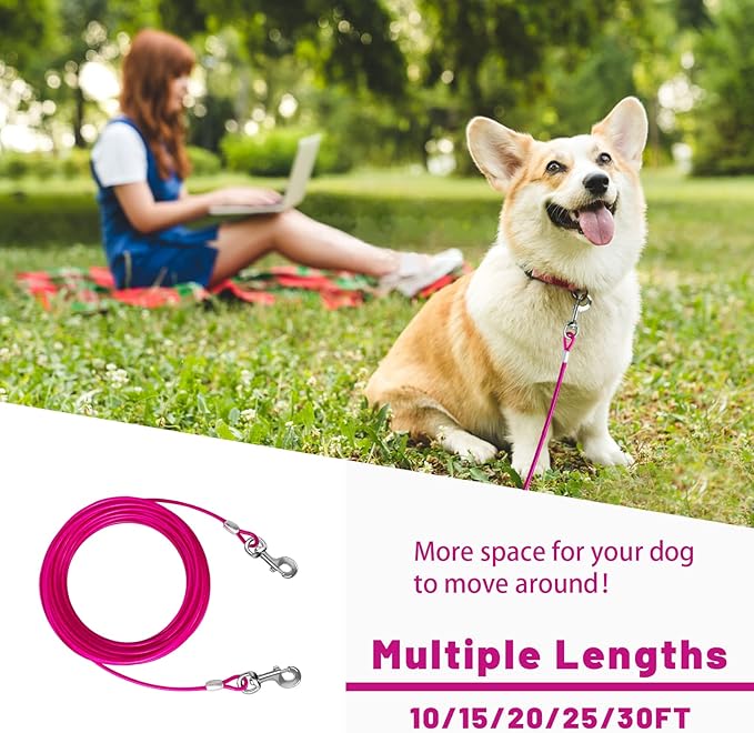 Dog Tie Out Cable 10/15/20/25/30/50 FT Dog Runner for Yard Steel Wire Dog Cable with Durable Superior Clips Pink Dog Chains for Outside Dog Lead for Large Dogs Up to 165 lbs