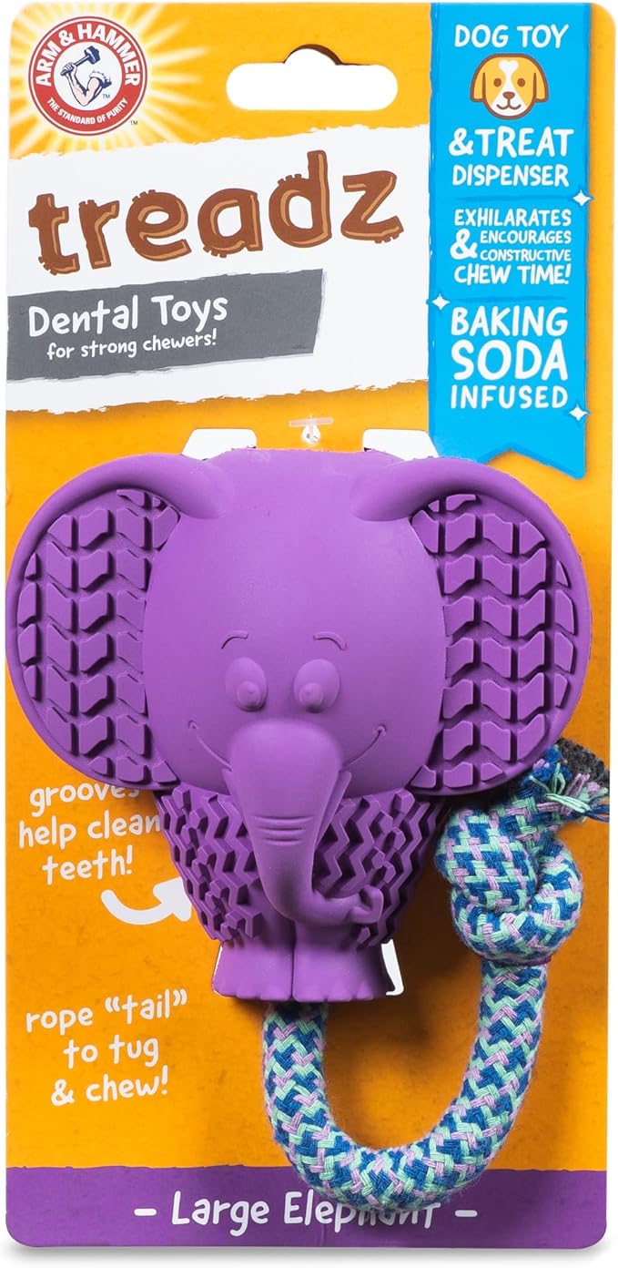 Arm and Hammer for Pets Super Treadz Large Elephant Dental Chew Toy for Dogs - Reduces Plaque and Tartar Without Brushing, Baking Soda Infused, Dishwasher Safe, Dogs Up to 35 Lbs