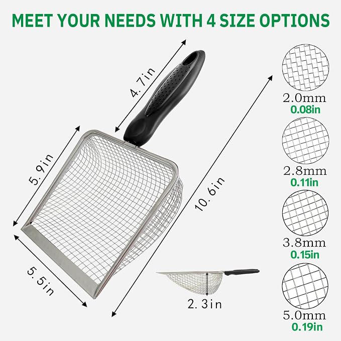 4 Pack Chicken Poop Scooper, 5.5" Metal Mesh Shovel | 2.0mm/2.8mm/3.8mm/5mm Holes, Chicken Coop Rake for Sand Litter, Suitable for Chickens, Cats, Rabbits, Hamsters & Reptiles