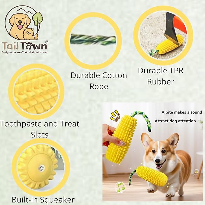 Squeaky Rubber Dog Toy – Interactive Corn Dog Toy for Small & Medium Dogs – Chew, Fetch & Tug Toy – Perfect for Water Play – Teeth Cleaning Texture – Indoor & Outdoor Use – Tail Town