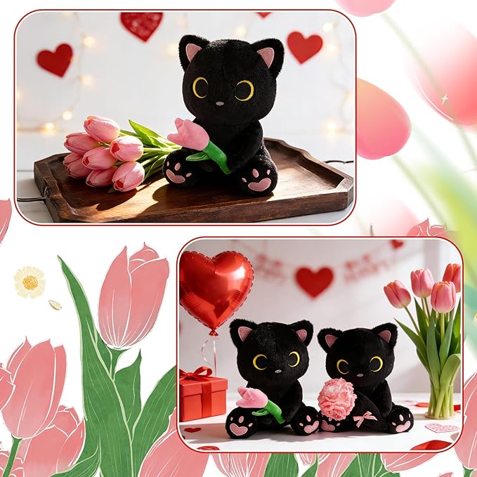 Black Cat Plush Holding Pink Tulip - 8" Kawaii Stuffed Cat with Flower, Soft Cute Plush Toy for Mom, Cute Stuffed Animals for Girls & Kitten Lovers