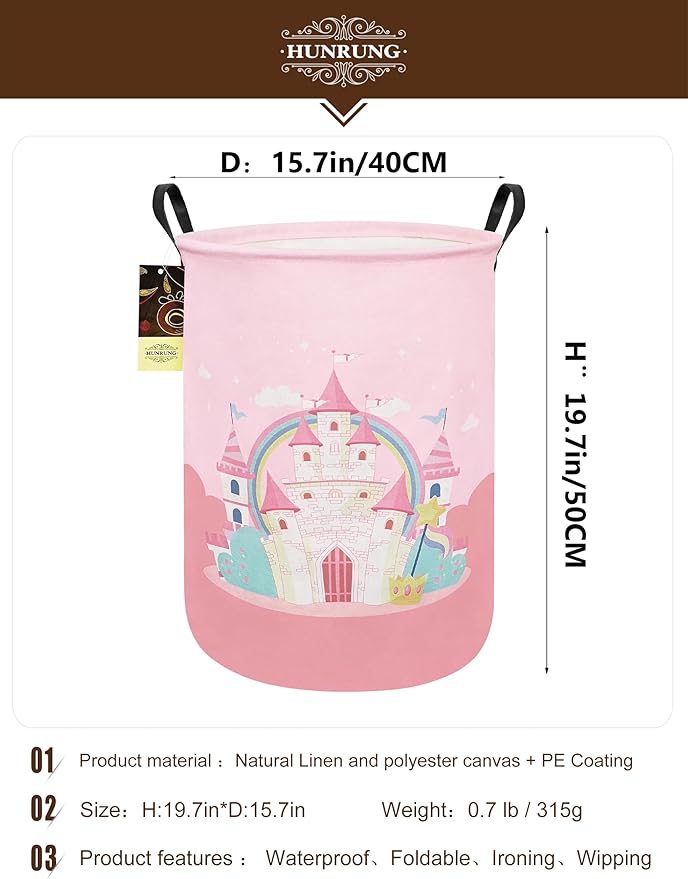 Laundry Hamper,Large Canvas Fabric Lightweight Storage Basket Toy Organizer Dirty Clothes Collapsible Waterproof for College Dorms(Pink Castle)