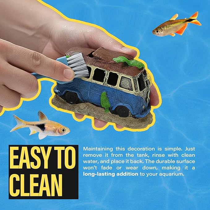 Old Bus Aquarium Decoration 4.7"" – Vintage Resin Fish Tank Ornament with Multiple Hiding Spots, Fish Shelter for Small and Medium Aquariums, Stress-Relief Underwater Decor, Easy to Clean