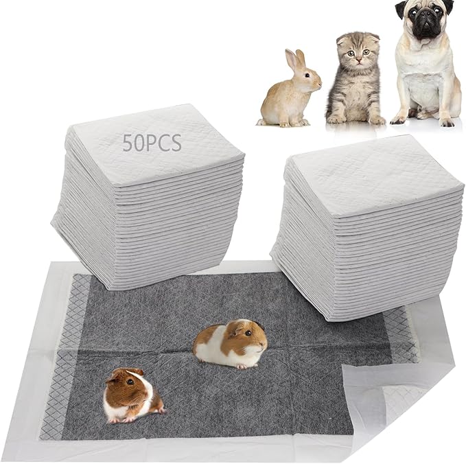 Guinea Pig Pee Pads, Disposable Rabbit Cage Liners, Charcoal Odor Controlling Absorbent Waterproof Pee Pads for Hamster, Bunny, Ferret, Chinchilla and Other Small Animals (24" x 18", 50 PCS)