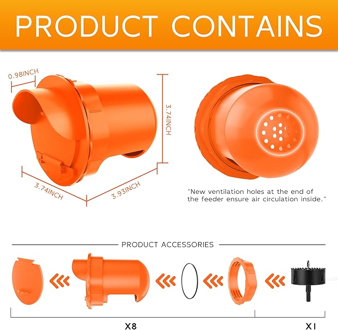 Chicken Feeder Port 8 Pack - No Waste DIY Poultry Feeding Kit with Stopper Lid & Hole Saw, Reusable Rain Proof Automatic Coop Gravity Feeder for Hens Ducks Geese (Orange)