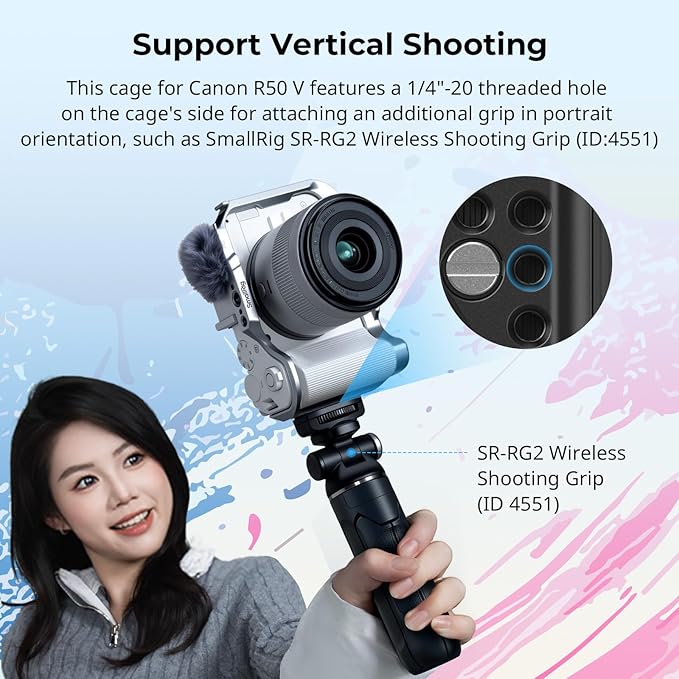 SmallRig R50 V Camera Cage for Canon R50V, Built-in Ergonomic Silicone Grip, QR Plate for Arca, 1/4"-20 Threaded Hole, 3/8"-16 Holes for ARRI, Cold Shoe, QD Sockets, Vertical Shooting(Silver)-5428