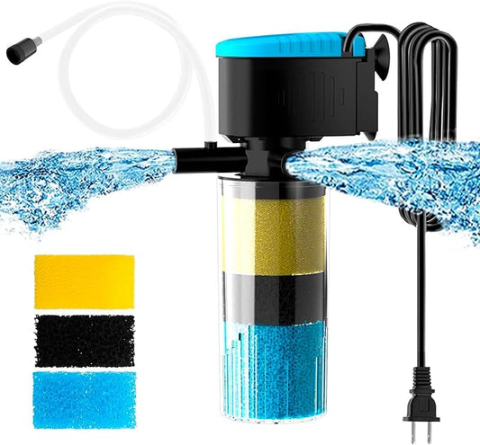 AquaMiracle Submersible Aquarium Filter 3-Stage in-Tank Filter with Dual Water Outlet & Aeration, 130GPH Internal Fish Tank Filter for 10-30 Gallon Aquariums