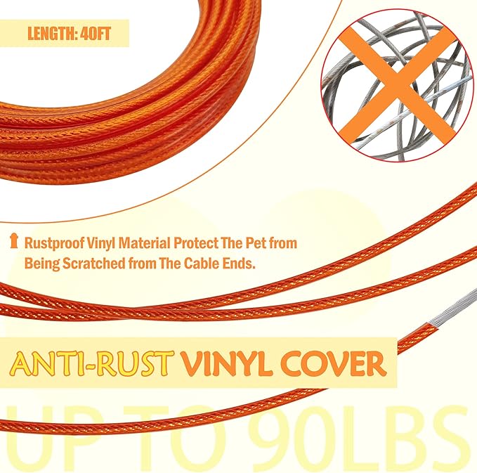 Petest Reflective Tie Out Cable with Crimp Cover for Large Dogs Up to 90 Pounds, 40 Feet