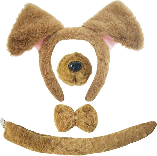 4-Piece Dog Ears and Tail Costume Accessory Set – Includes Brown Plush Dog Ears Headband, Nose, Bow Tie, and Clip-On Tail for Halloween Cosplay, Dress-Up Parties, School Plays, Animal-Themed Events