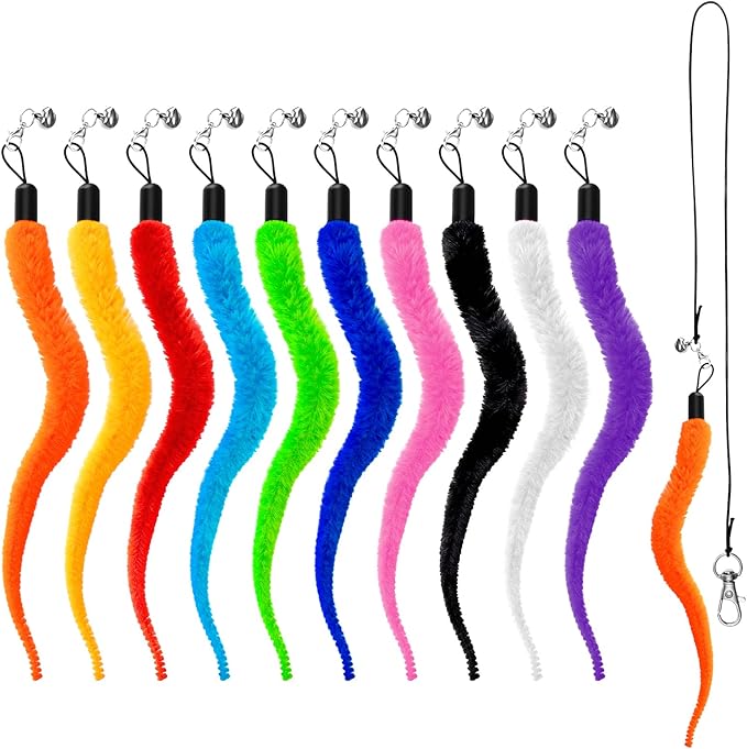 10 Pack Cat Worm Toys, Fuzzy Worm Cat Toy with Bell, Interactive Cats Wand Attachment Toys for Teaser Play and Chase Exercise with Kitten